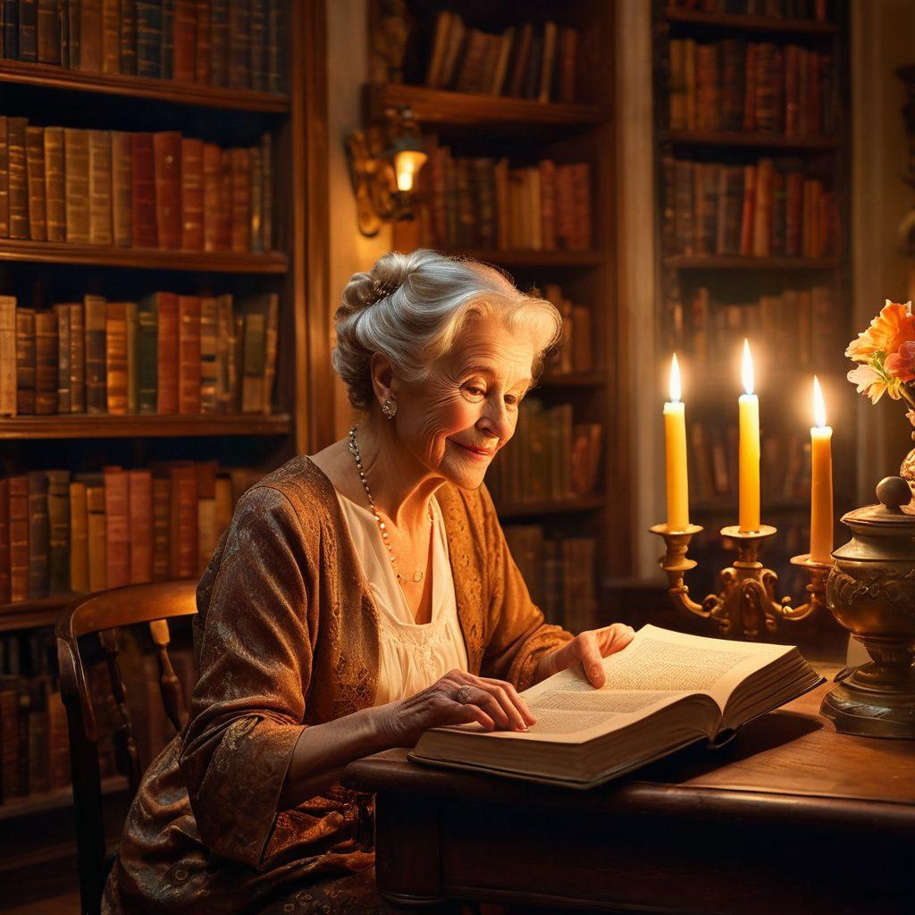A mystical library filled with books on mature themes, adorned with vintage decor and soft candlelight. An elegant elderly woman is seen reading a book with a mischievous smile, exuding confidence and allure. The atmosphere is intimate, evoking a sense of curiosity and depth around taboo subjects. Rich colors and intricate details bring warmth and fascination to the scene. painting. warm tones. vintage style.