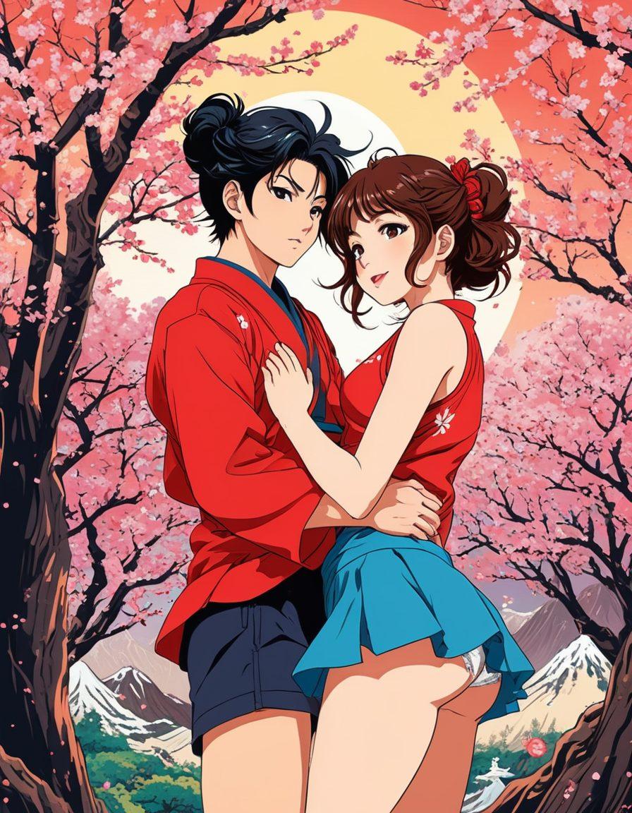 A vibrant and dynamic collage of iconic hentai elements, featuring stylized anime characters with expressive features in various playful poses. Include a whimsical background that blends traditional Japanese motifs with modern elements, like cherry blossoms and cityscapes. Add a humorous touch with cartoon-style characters that depict diverse themes, from light-hearted romance to cheeky elderly characters. Bright vivid colors to enhance the playful and artistic approach, celebrating the wide spectrum of hentai culture. vector art. vibrant colors.
